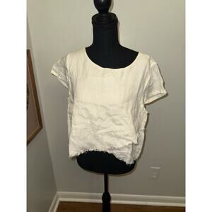 BECASA MD 100% Linen Short Sleeve Shirt Top Cream Oatmeal Lagenlook Distressed